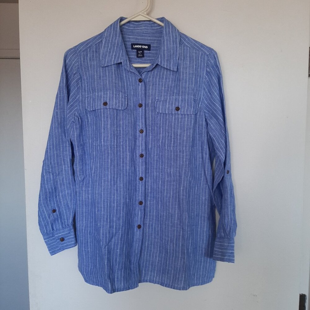 Lands' End Women's Linen Blue White Stripe Two Pocket Button Down Shirt SP
